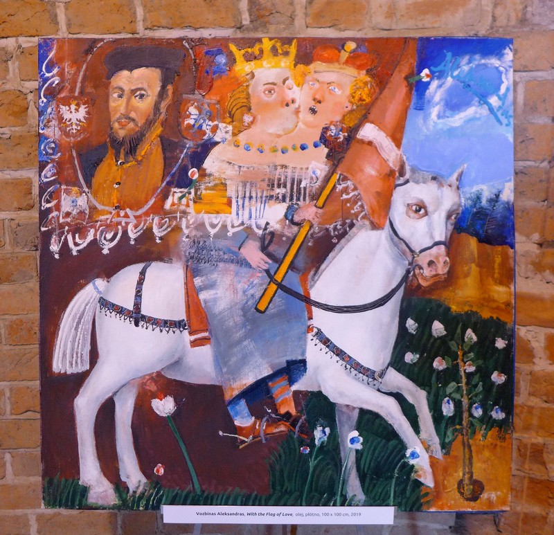 Aleksandras Vozbinas, With the Flag of Love, olej na płótnie 100 x 100 cm. Fragment ekspozycji we wnętrzach baszty na lubelskim zamku
